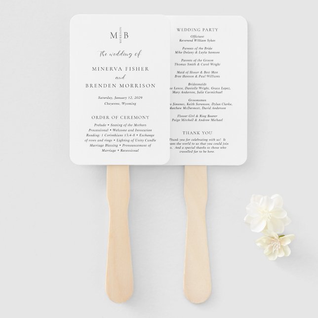 Minerva Modern Elegant Wedding Program Hand Fan (Front and Back)