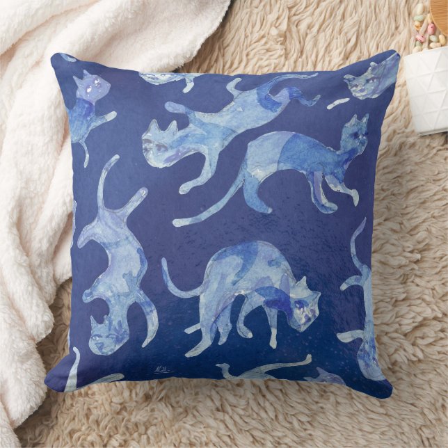 Ming Floating Cats Cushion 20" - Reverse Blue &  (Blanket)