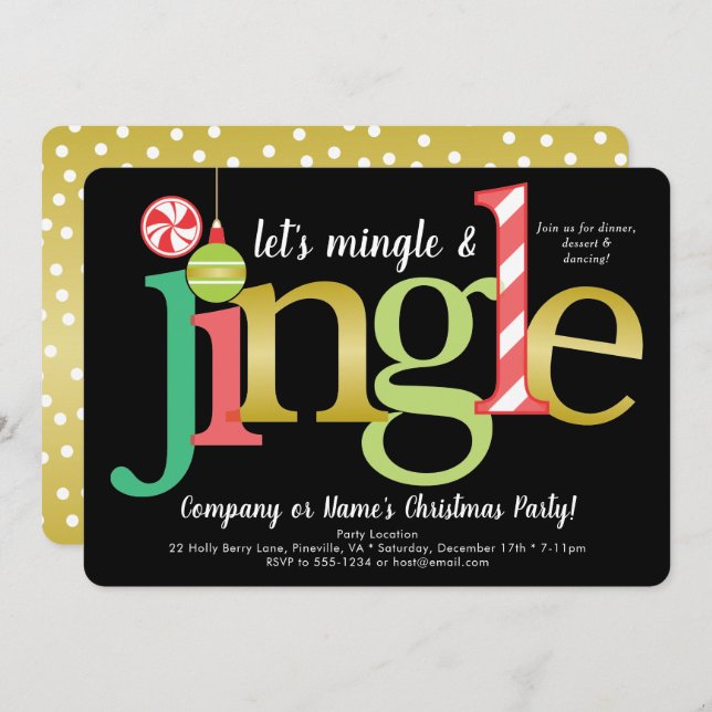 Mingle & Jingle Red Gold Black Christmas Party Invitation (Front/Back)