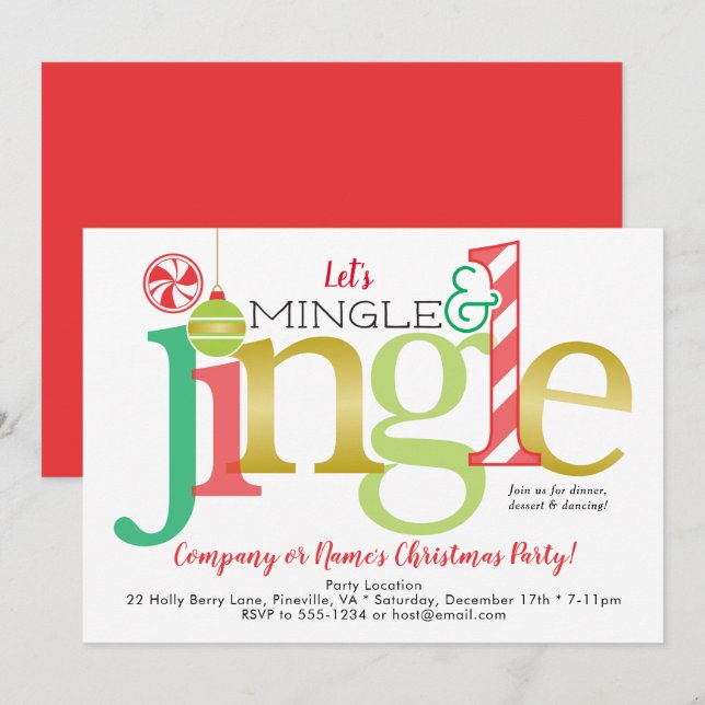 Mingle & Jingle Red Gold Holiday Christmas Party Invitation (Front/Back)