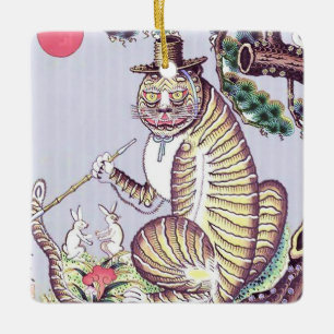 Minhwa Tiger with Rabbits and Pipe Ceramic Ornament