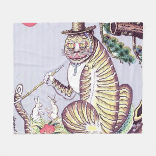 Minhwa Tiger with Rabbits and Pipe Fleece Blanket