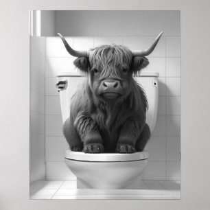 Mini Baby Highland Cow on Toilet Bathroom Poster
