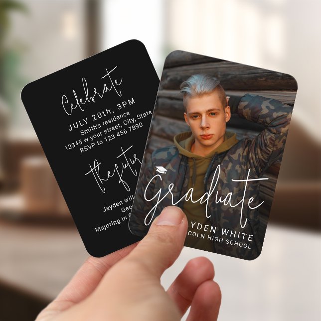 Mini Black Modern Script Photo Graduation Invite (Mini Black Modern Script Photo Graduation Invite)