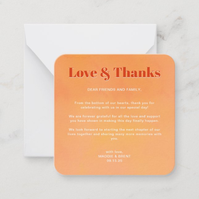 Mini Bold Orange Sunset Monogram Wedding Thank You Card (Front)