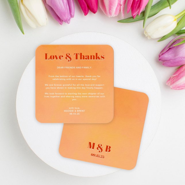 Mini Bold Orange Sunset Monogram Wedding Thank You Card (Creator Uploaded)