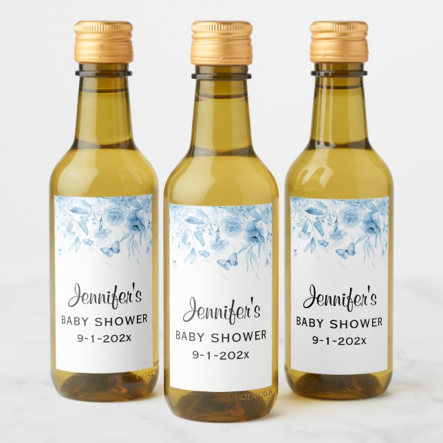 Mini Bottle Blue Baby Boy Shower Floral Drop Wine Label (Bottles)