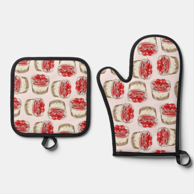 Mini Cherry Cheesecakes - Pink Oven Mitt & Pot Holder Set (Front)