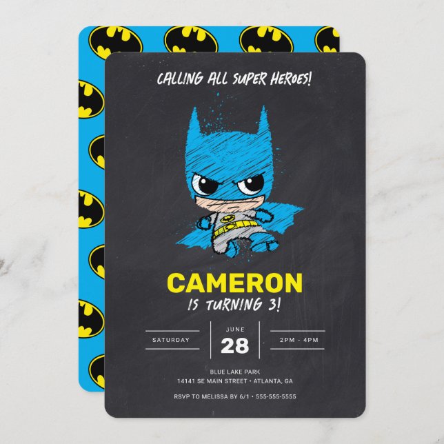 Mini Classic Batman Chalkboard Birthday Invitation (Front/Back)