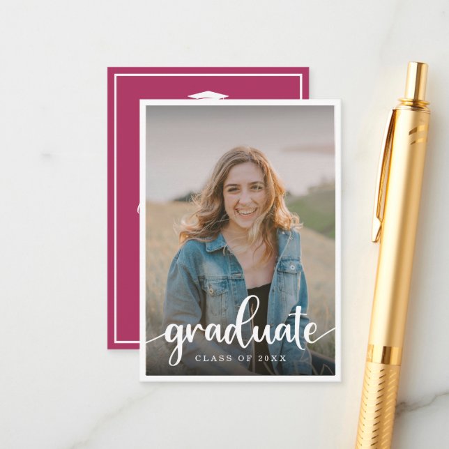 Mini Dark Pink Photo Graduation  Invitation (Front/Back In Situ)