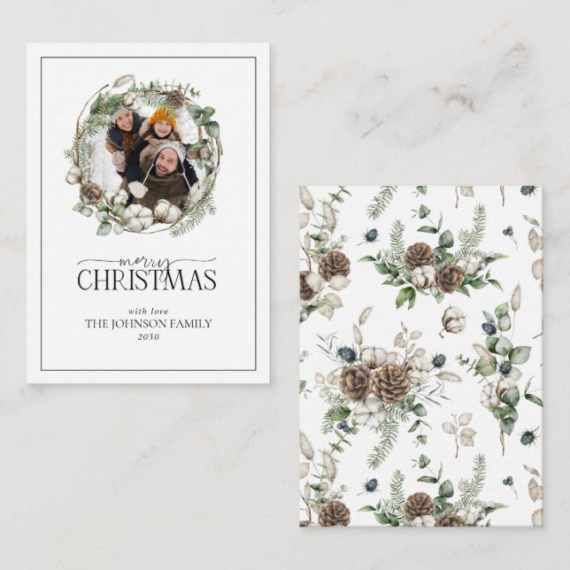Mini Farmhouse Wreath Photo Merry Christmas Script Card (Front/Back)