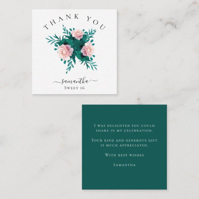 Mini Florals Emerald Pink Thank You Sweet 16 Card (Front/Back)