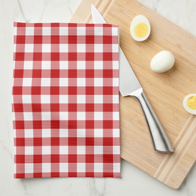 Mini Gingham Check Red White Plaid Pattern Tea Towel (Quarter Fold)