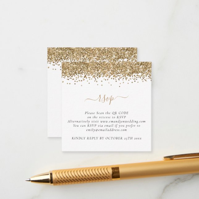 Mini Glam Gold Glitter QR Code Wedding RSVP Enclosure Card (Front/Back In Situ)