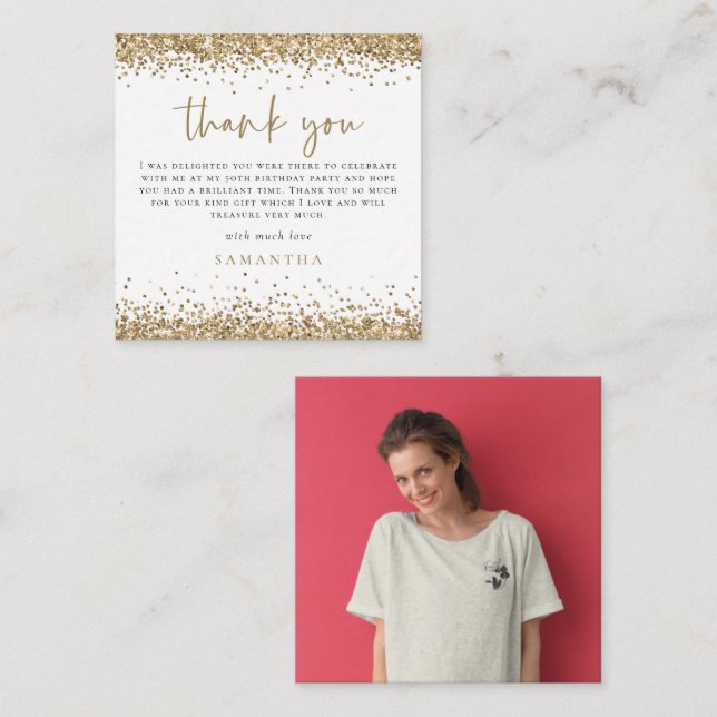 MINI Gold Glitter Photo Fiftieth 50th Thank You Card (Front/Back)