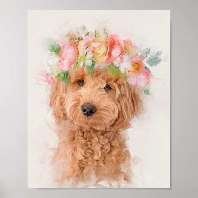 Mini Goldendoodle Dog Flower Crown Portrait Poster (Front)