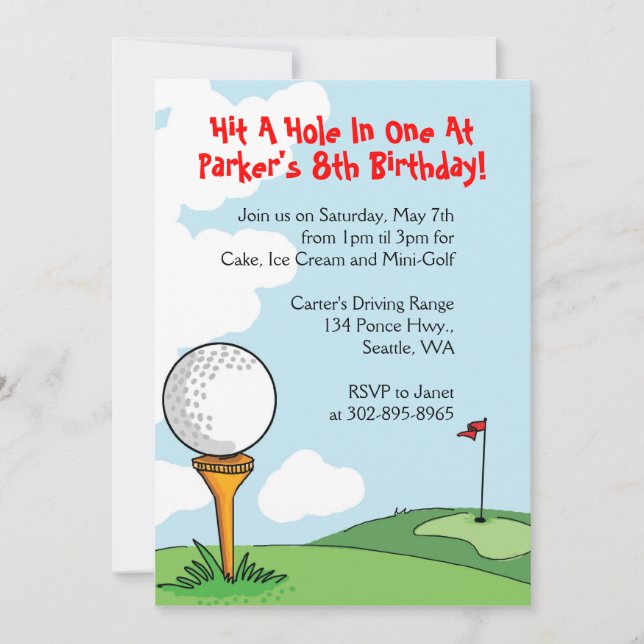 Mini-Golf themed birthday party invitations (Front)
