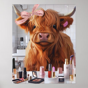 Mini Highland Cow Pink Ribbon & Beauty Products Poster