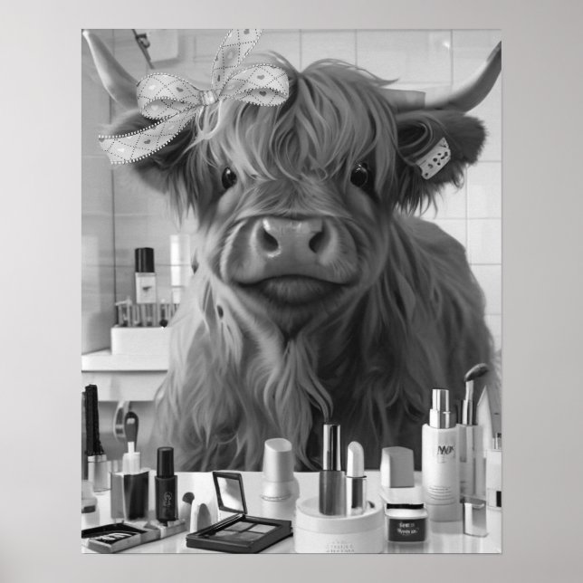 Mini Highland Cow Pink Ribbon & Beauty Products Poster (Front)