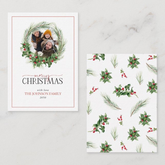 Mini Holly Berry Wreath Merry Christmas Photo Card (Front/Back)
