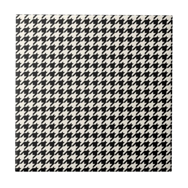 Mini Houndstooth Pattern Black and Cream Ceramic Tile (Front)