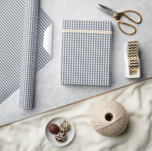 Mini Ice Blue Gingham Check Pattern on White Wrapping Paper