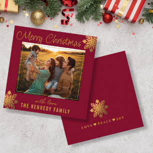Mini Maroon And Gold Snowflake Christmas Photo Card