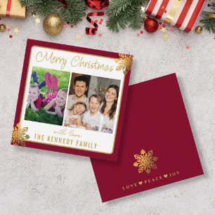 Mini Maroon Border Gold Snowflake Christmas Photo Card
