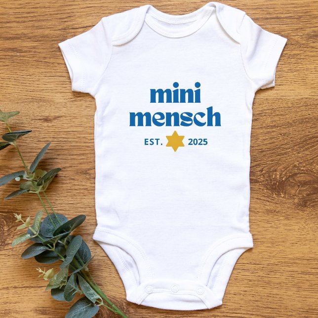 "Mini Mensch" Cute Funny Jewish Boy Modern Stylish Baby Bodysuit (Celebrate the birth of your mini mensch with this customizable Jewish-themed baby attire)