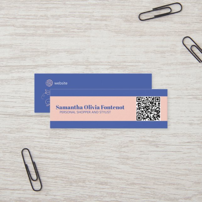 Mini Minimalist Blue & Peach QR Business Card  (Front/Back In Situ)