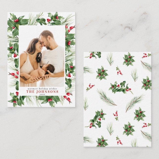 Mini Modern Photo Holly Berry Greenery Christmas Card (Front/Back)