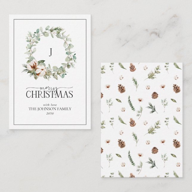 Mini Monogram Cotton Floral Wreath Merry Christmas Card (Front/Back)