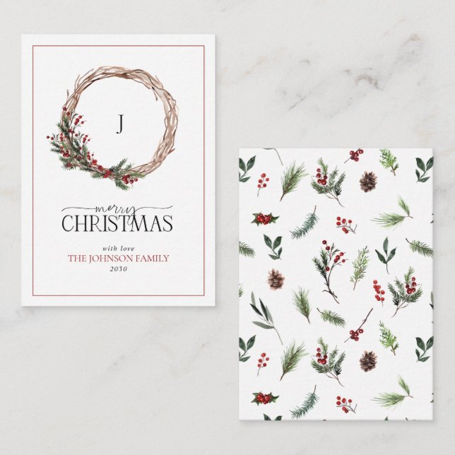 Mini Monogram Red Berry Wreath Merry Christmas Card (Front/Back)