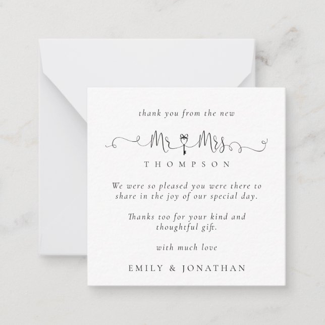MINI Mr Mrs Key Motif Script Wedding Thank You Card (Front)