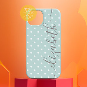 Mini Polka Dots with script grey name pastel teal Case-Mate iPhone 14 Case