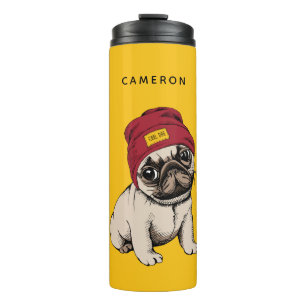 Mini Puppy Hipster Pug   Add Your Name Thermal Tumbler