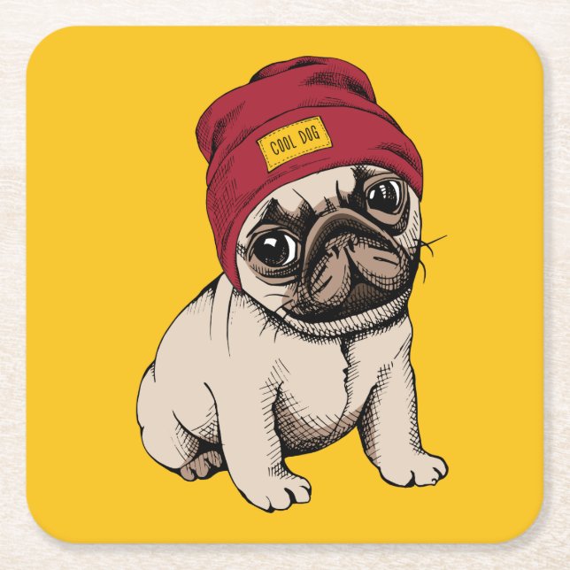 Mini Puppy Hipster Pug Square Paper Coaster (Front)