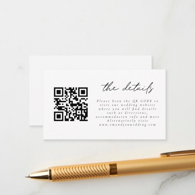 Mini QR Code Simple Script Wedding Details Enclosure Card (Front/Back In Situ)