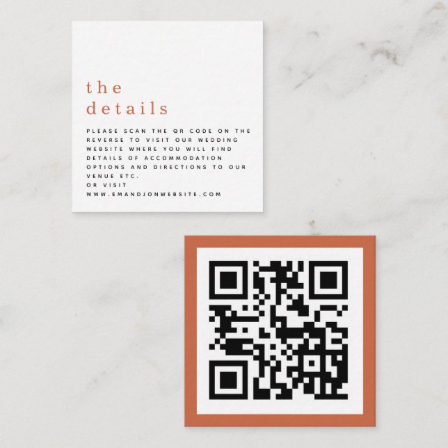 MINI QR code Terracotta Wedding Details Enclosure Card (Front/Back)