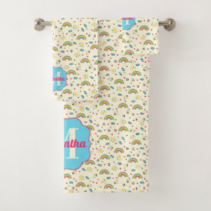 Mini Rainbow Toss on Yellow Retro Pattern Monogram Bath Towel Set