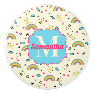 Mini Rainbow Toss on Yellow Retro Pattern Monogram Ceramic Knob