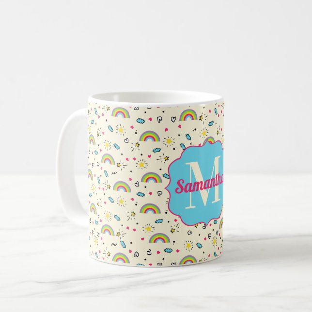 Mini Rainbow Toss on Yellow Retro Pattern Monogram Coffee Mug (Front Left)