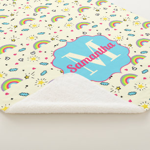 Mini Rainbow Toss on Yellow Retro Pattern Monogram Sherpa Blanket