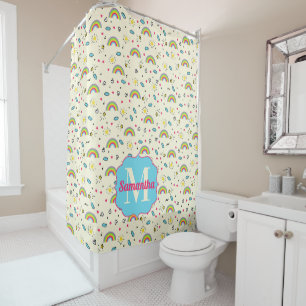 Mini Rainbow Toss on Yellow Retro Pattern Monogram Shower Curtain
