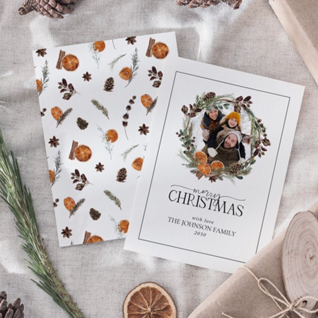 Mini Rustic Orange Photo Wreath Merry Christmas Card (Creator Uploaded)