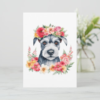 Mini Schnauzer Pink Flowers Crown Red Yellow White Holiday Card
