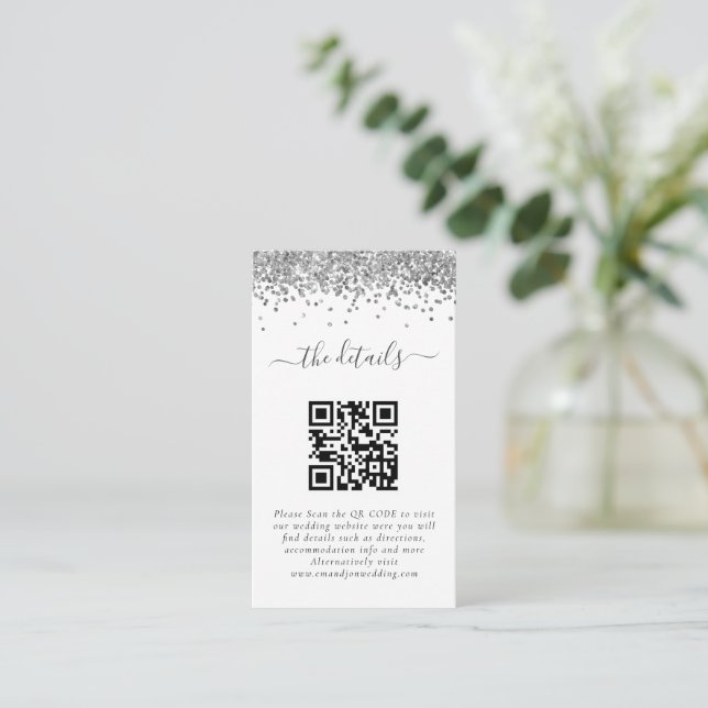 Mini Silver Glitter QR Code Wedding Details  Enclosure Card (Standing Front)