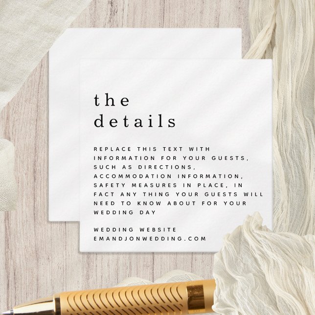 MINI Simple Black White Wedding Details Enclosure Card (Tiny size 2.5" square Details enclosure. Fully Customisable, Change to any color. )