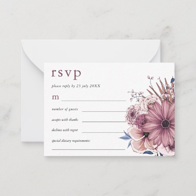 MINI SIZE Purple Berry Florals Wedding RSVP Card (Front)