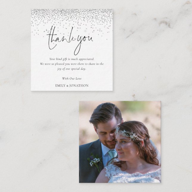 MINI SIZE | Silver Glitter Photo Wedding Thank You Card (Front/Back)